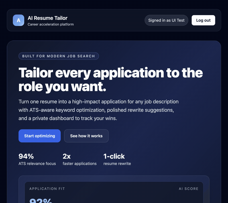Walkthrough of AI Resume Tailor: paste a job description, paste your resume, click Optimize, and get ATS scores, keyword coverage and a tailored before/after comparison